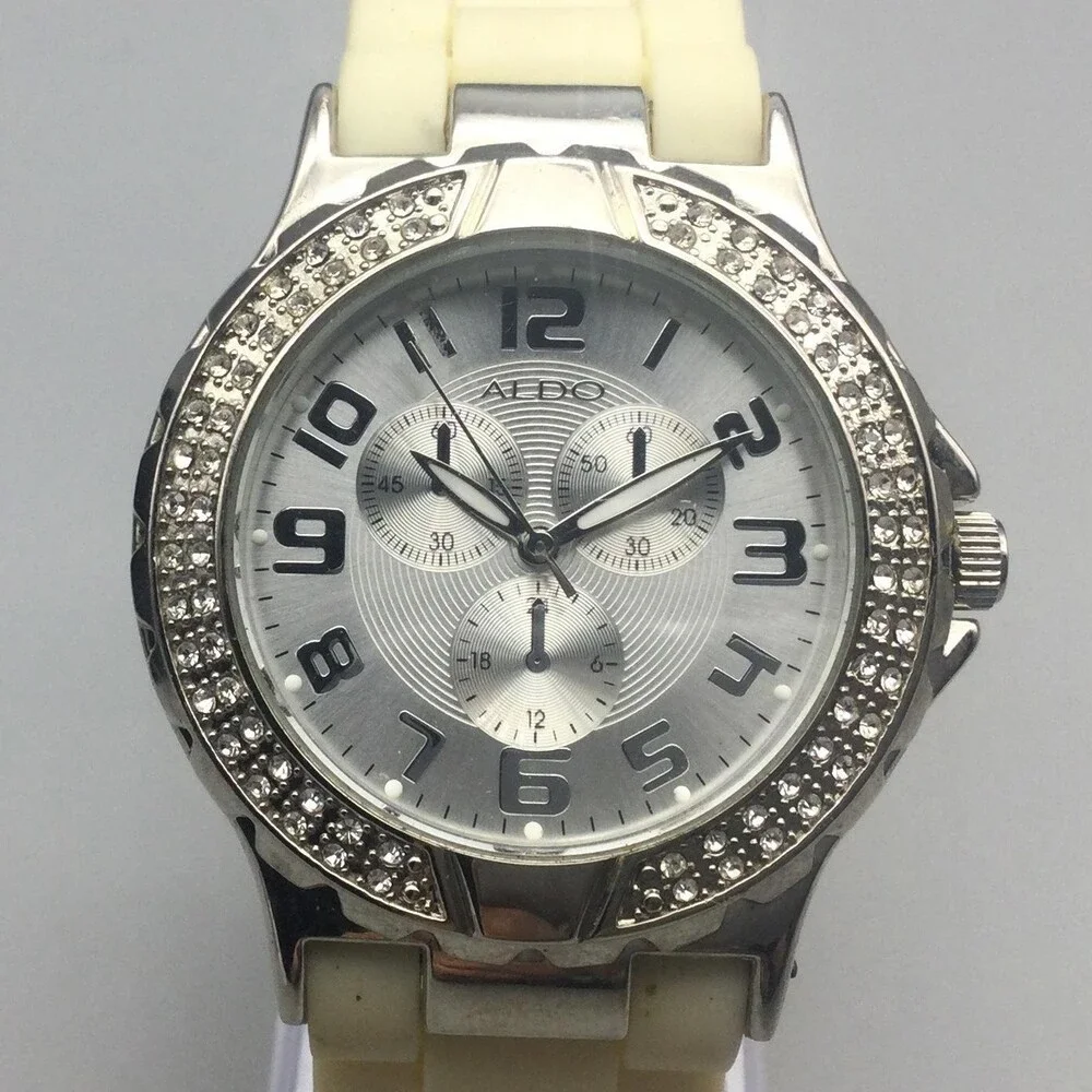 ALDO Womens Watch 41mm Silver Dial Crystals Beige Silicone New Battery 6.75